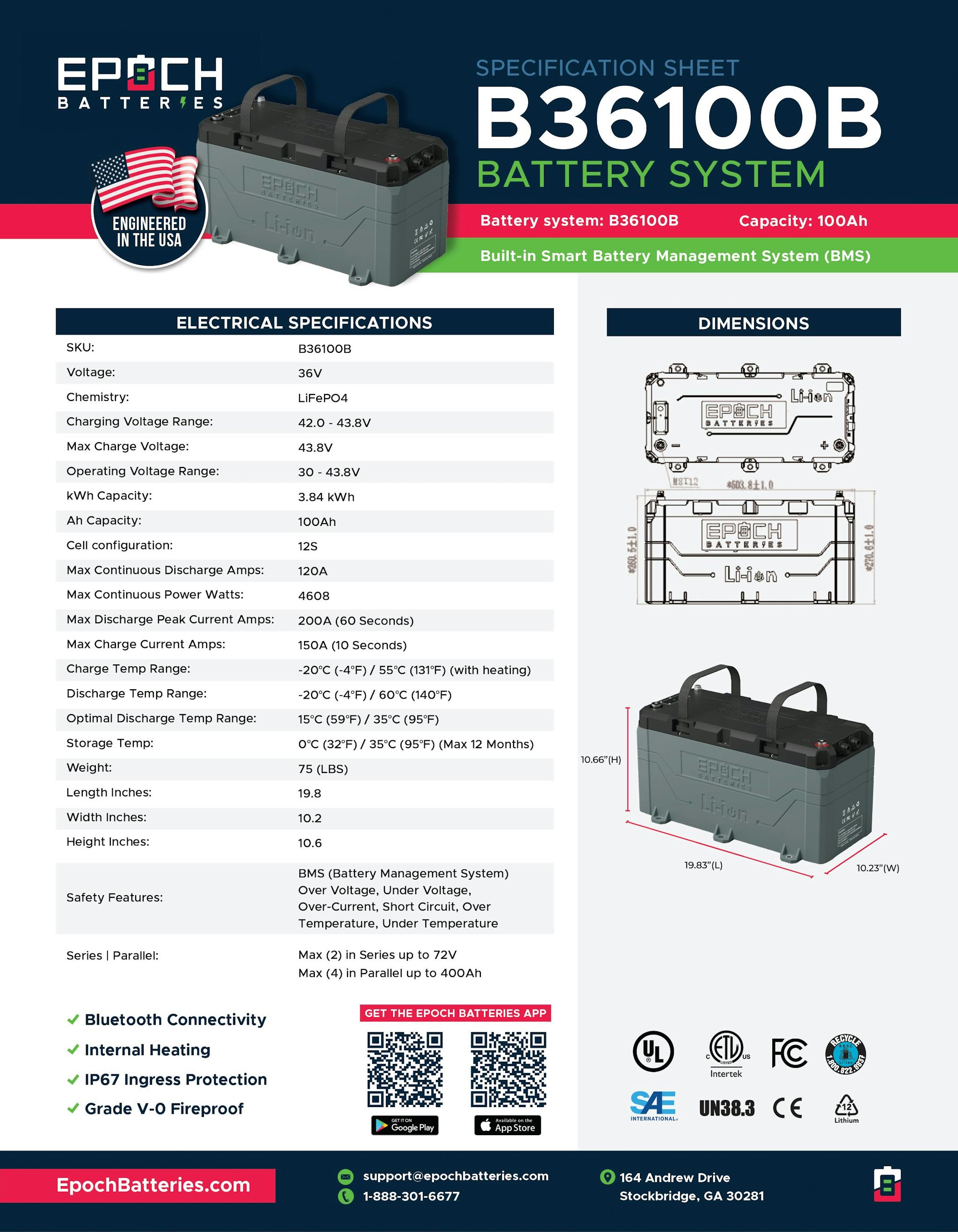 36V 100Ah Heated & Bluetooth LiFePO4 Battery