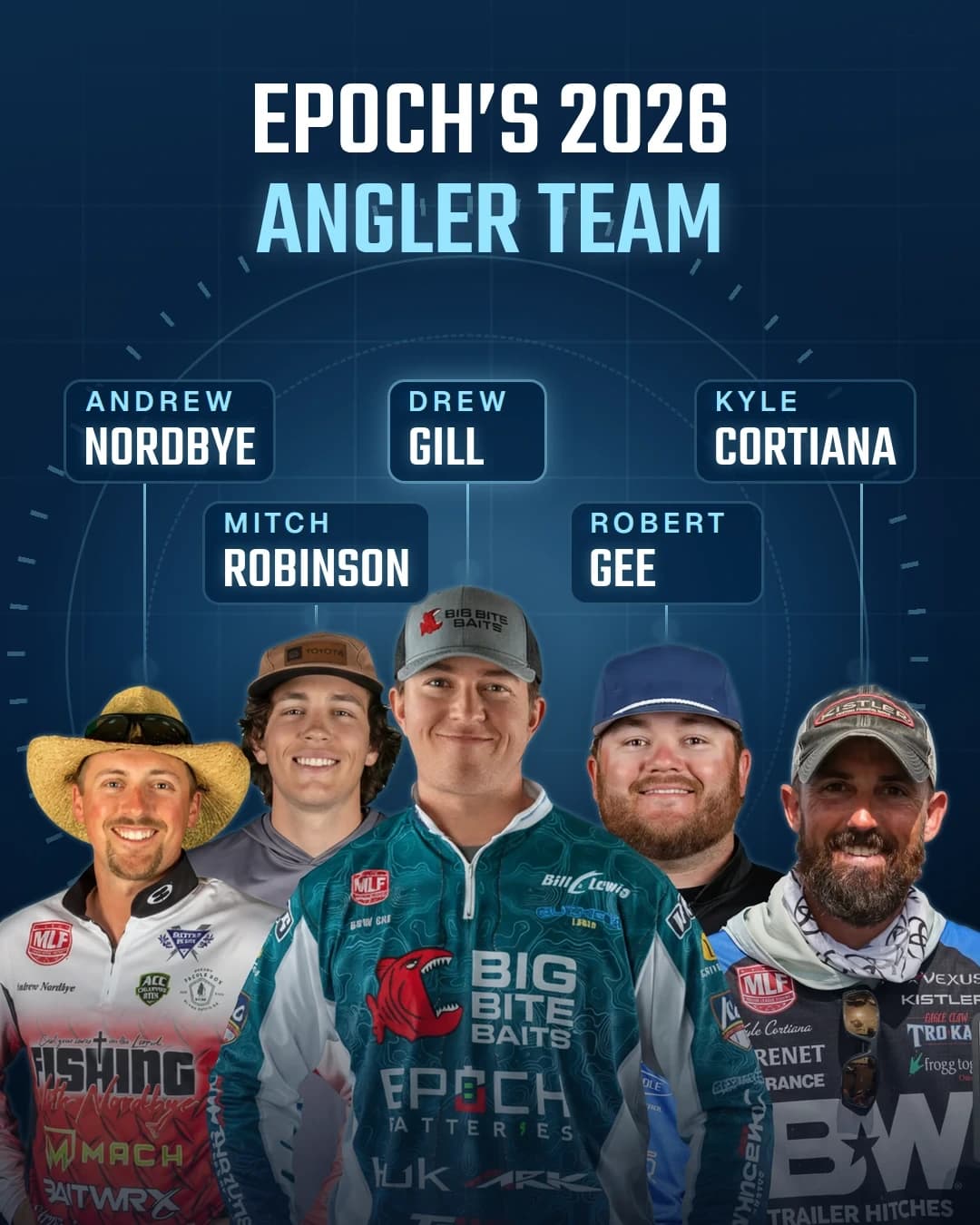 Epoch's 2026 angler team: Drew Gill, Kyle Cortiana, Andrew Nordbye, Mitch Robinson, Robert Gee