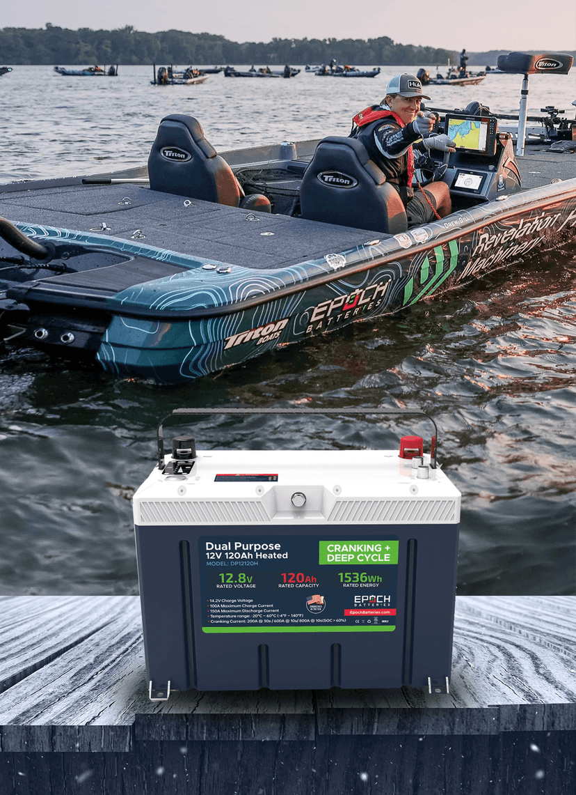 Pro angler Drew Gill at the console of a bass boat rigged with a trolling motor, with an Epoch dual-purpose battery